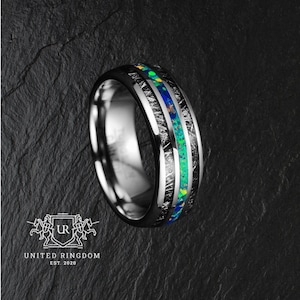 Mens Black Meteorite and Green Opal Tungsten Carbide Ring - Unique Mens Wedding Ring - Wedding Band Tungsten - Mens Green Meteorite Ring