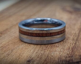 Herren Whisky Fass Silber Wolfram Holz Ring - Einzigartiger Herren Ehering - Wolfram Ring - Moderner Whisky Fass Ring - Wolfram Ring