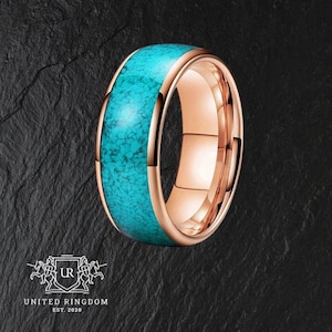 Mens Rose Gold Tungsten Turquoise Ring - Unique Mens Ring - Wedding Band Tungsten - Crushed Blue Turquoise Rose Gold Mens Ring - Mens Band