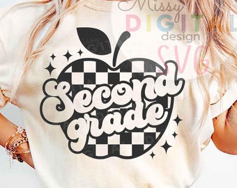 Checkered Apple Second Grade Teacher SVG PNG, Back to School (Digital Download)
