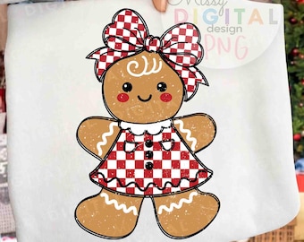Christmas Gingerbread Girl PNG, Preppy Bow Shirt Design (Digital File)