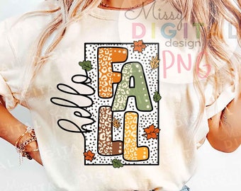 Hello Fall Leopard Print PNG, Autumn Vibes Shirt Design (Digital Download)