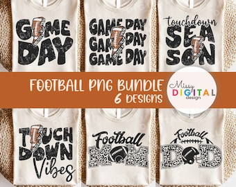 May include: A set of six football-themed sublimation designs for t-shirts. The designs feature a variety of football-related phrases and graphics, including "Game Day", "Touchdown Season", "Touchdown Vibes", "Football Mum", and "Football Dad".