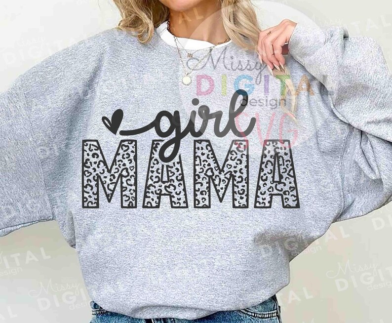 May include: Gray sweatshirt with a black and white leopard print design that says "girl mama" in a cursive font.