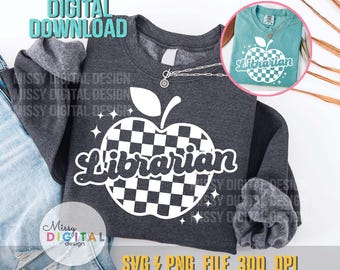 Checkered Librarian Apple SVG PNG, Back to School Shirt Design (Digital Download)