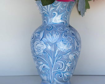 Hand Painted Vase- Blue Garden Series No. 11 Baby Blue Floral