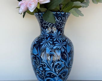 Hand Painted Vase- Blue Garden Series No. 13 Bright Bloom