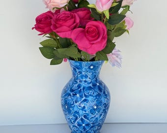 Hand Painted Vase- Blue Garden Series No. 8 Floral Lattice
