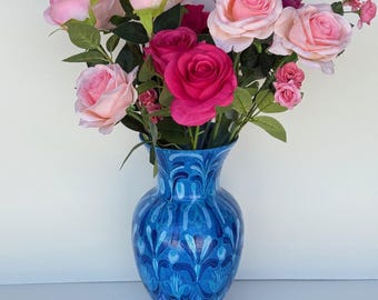 Hand Painted Vase- Blue Garden Series No. 14 Art Deco Blue