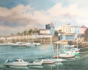 Tenby Harbour Pembrokeshire, original watercolour painting 15 x 11 inches