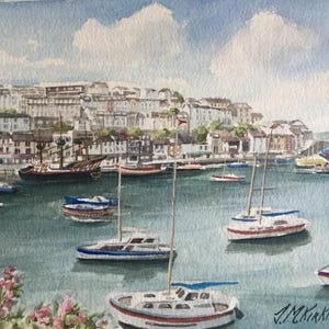 Brixham Harbour Devon & Golden Hind, original watercolour painting 11 x 8 inches.