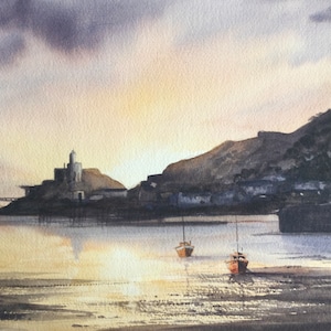 Mumbles lighthouse at sunset original watercolour painting 15 x 11 inches