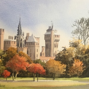 Pintura de acuarela original del castillo de Cardiff. 15 x 11 pulgadas.