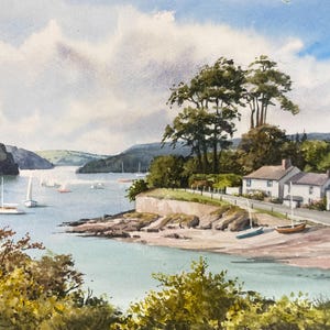 May include: Watercolor painting of a coastal scene with sailboats on the water. White houses with dark roofs sit on the shore, and trees frame the water. The sky is cloudy with patches of blue.