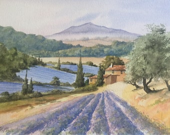 Lavender fields Provence France,original watercolour painting. 15 x 10.5 inches.