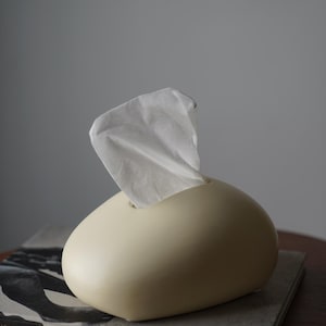 Puede incluir: Caja de pañuelos de color crema con un diseño suave y redondeado. Un pañuelo blanco sobresale de la abertura superior. La caja de pañuelos descansa sobre un libro. El fondo es gris neutro.