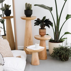 Handmade Linden Wood Mushroom Side Table Long - Modern Accent Decor