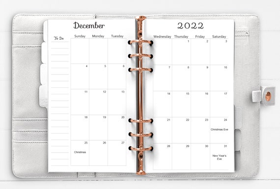 2022 Personal Monthly Calendar Refills for 6 Hole 