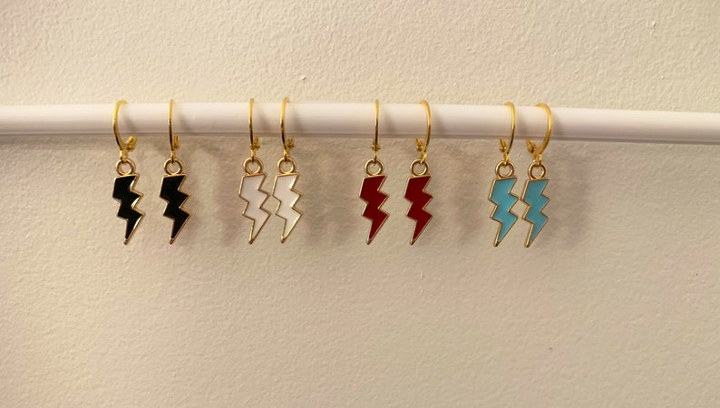 birthday Lightening Bolt teen gift dangly pink trendy Christmas red huggies white Earrings blue black huggie hypoallergenic