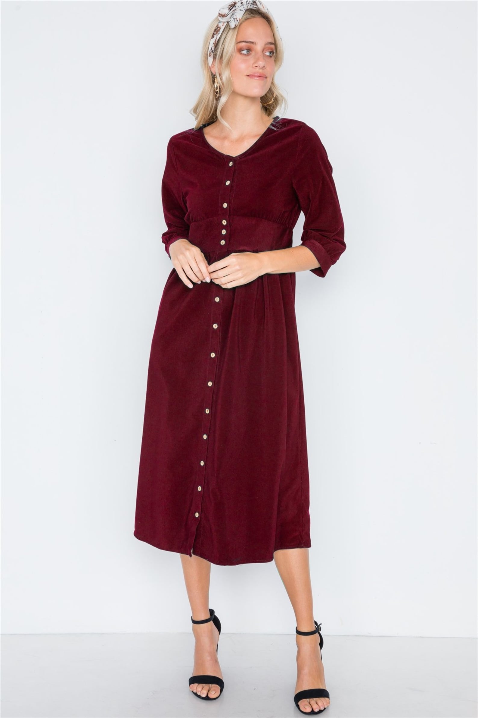Corduroy 3/4 Sleeve Button Down Midi Dress Etsy