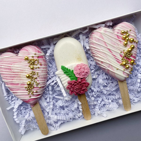 Pink Heart Mother's Day Cakesicles Gift Set (3), Mother's Day cakesicles, Mother's Day Treats, Mom chocolate gift, Mother's Day desserts