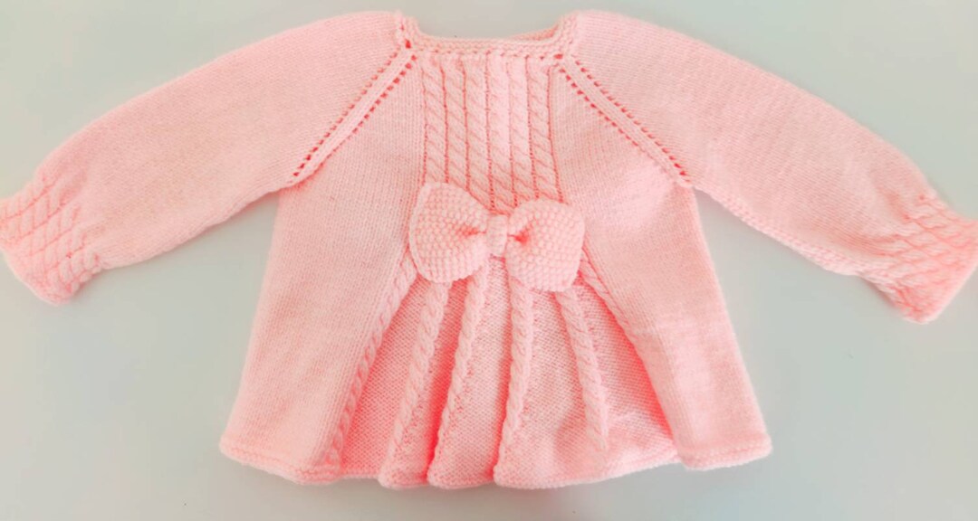 Knitted Baby Girl Pink Cardigan With Cable Stich, Handmade Baby Coat