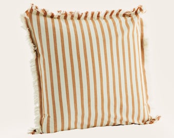 Mustard Honey, Striped | Frayed Cushion Cover | Bold Large Throw Pillow | Modern Cushion | 50x50 cm | Bedroom Sofa Large Stripy woven cover