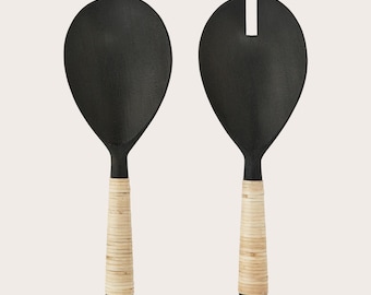 Wooden Black Mango Wood Salad Servers | Bamboo Woven Handle | Serving Tongs | Servers | Summer Table Serving Utensils | Solid Wood | Salad