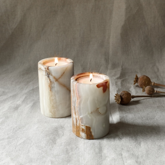 Bougeoir en forme de cœur en pierre double fait à la main en Italie – Avec  boîte cadeau, bougies chauffe-plat et carte de message vierge – Pièce