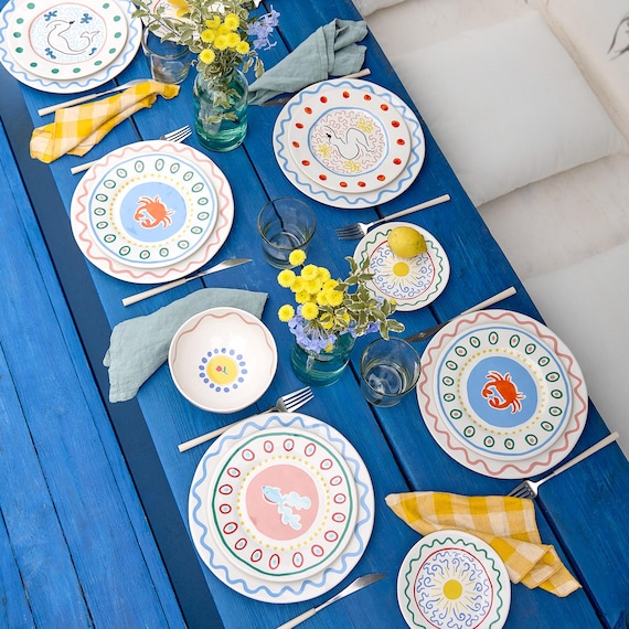 Table Setting Bright Colored Dishes Bold Bright Crab Side Plate