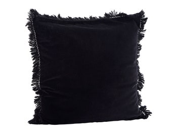 Black Soft Velvet | Frayed Velvet Cushion Cover | Linen Large Throw Pillow Cover | Black Rustic  | 50x50 cm | Bedroom | Sofa |