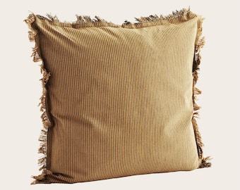 Coffee Pin Striped Frayed Cushion Cover | Pinstripe Large Throw Pillow Cover | Ocre | Brown Rustic Cushion | 50x50 cm | Bedroom Sofa | Large