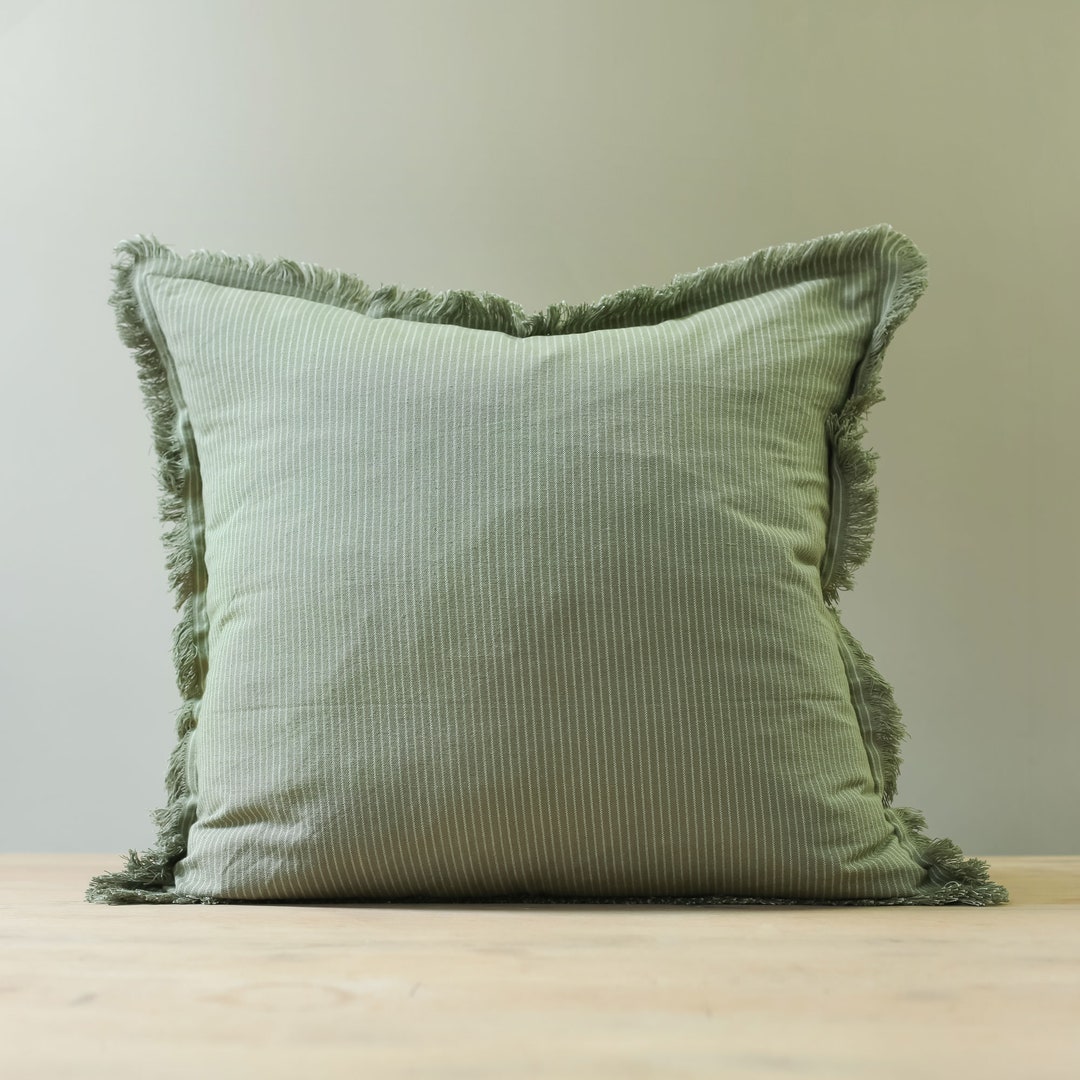 Otto Green Frayed Cushion Cover Pinstripe Large Throw Pillow Cover