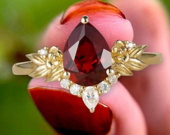 Art Deco Ruby Engagement Ring: Sterling Silver Leaf, Diamond Accents