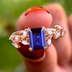 14k Blue Sapphire Ring Engagement Ring Emerald cut Cut Lab Grown Sapphire ring gift for her