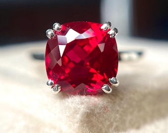 Cushion Cut Lab Ruby Engagement Ring: Silver Prong Setting