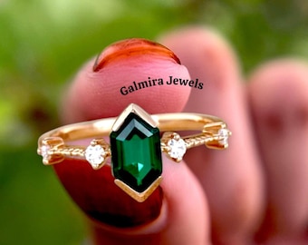 14k Rose Gold Emerald Hexagon Ring: Art Deco Engagement Ring