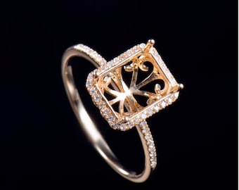 Vintage 14K Yellow Gold plated Emerald Cut 6x8mm Women Ring Setting.