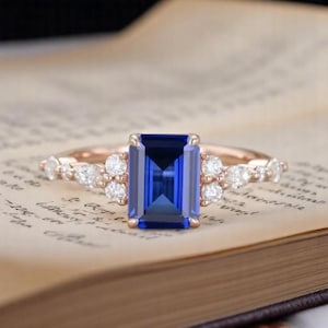 14k Blue Sapphire Ring Engagement Ring Emerald cut Cut Lab Grown Sapphire ring gift for her