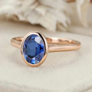 Solitaire Oval Cut Bezel Lab Sapphire Engagement Ring Rose Gold September Birthstone Setting Anniversary Gift