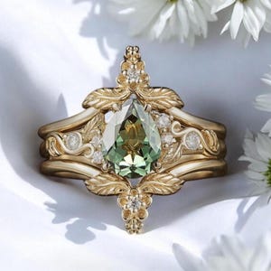 Green Sapphire Engagement Ring – Handmade 14K Gold, Unique Teal Gemstone Ring, Vintage-Inspired, Customizable Bridal Jewelry
