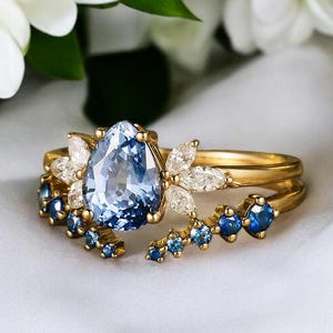 14k Blue Sapphire Leaf Engagement Ring Pear Cut Grown Sapphire ring gift for her, Wedding  Ring, Engagement  Ring, Gift Ideas.