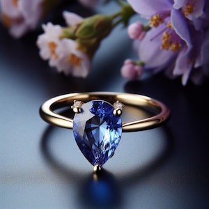 14k Rose Gold Pear Cut Tanzanite Halo Ring Dainty ring for women, Lab Grown Tanzanite Sterling silver Tanzanite ring,7x5MM