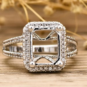 10x8mm Emerald Cut Semi Mount Ring Settings 14K White Gold Plated  semi mount