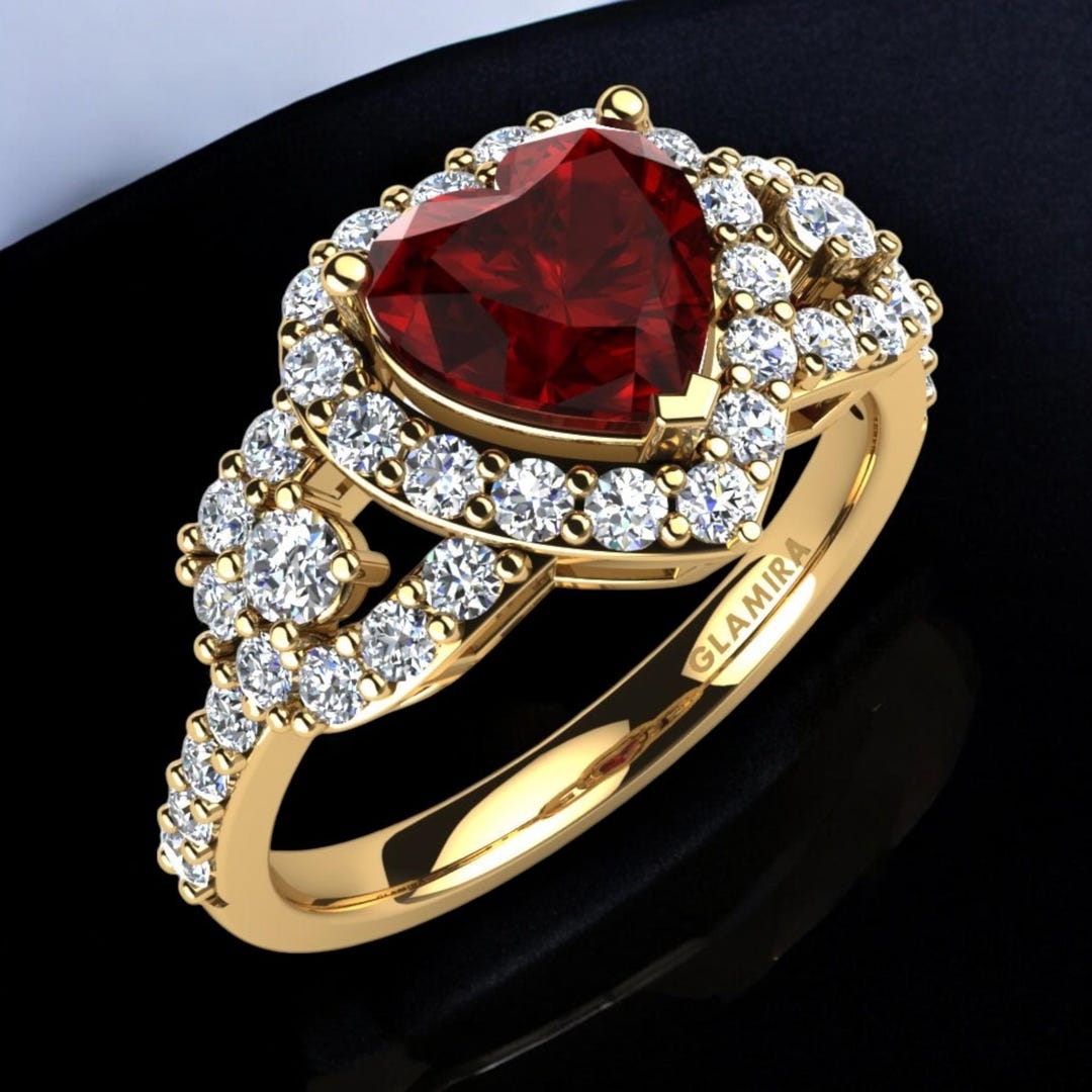 Ruby Heart Halo Gold Ring Diamond Accents, Anniversary Gift Ring ...