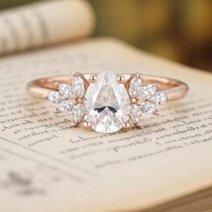 Unique teardrop ring Moissanite Engagement Ring, Vintage 14k Rose Gold Moissanite Seven Stone Ring Art Deco Bridal Ring Set