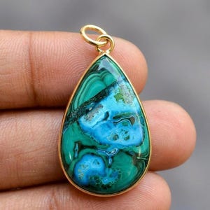 Natural Malachite Chrysocolla Pear Pendant, 925 Sterling Silver, Green Gemstone Necklace