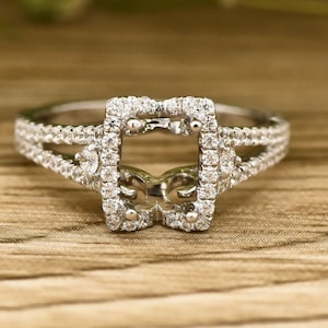 14K White Gold 7x5mm Emerald Cut Diamonds Engagement Rng, Halo Ring, Semi Mount