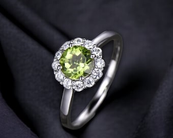 Peridot Engagement Ring: Moissanite Halo, Sterling Silver, Floral Design