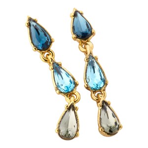 Gold Drop Earrings , Statement Crystal Earrings, Blue & Clear Teardrop Dangle, Gift for Her, Vintage Style Jewelry for Wedding
